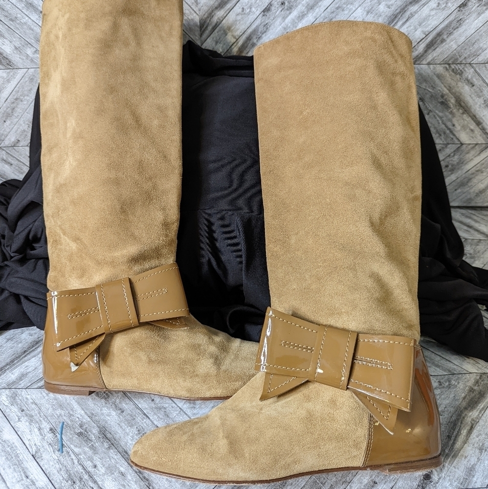 Red Valentino Tan Suede Bow Flat Boots....Size EU 40...US 9